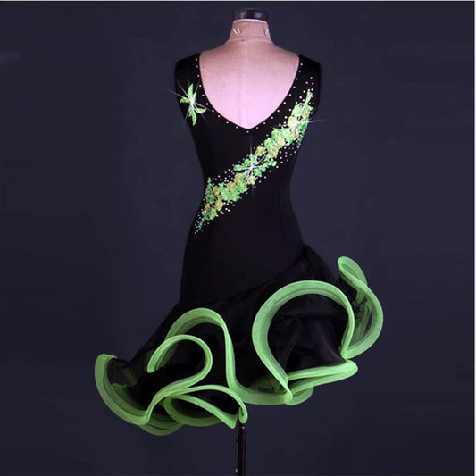 Women Wide Sling Latin Dance Dresses V Neck Latin Competition Dress Ballroom Salsa Samba Costume Tutu Slanted Hem