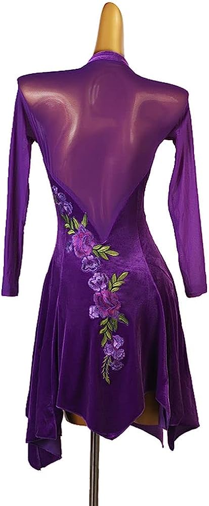 Purple Three-Dimensional Embroidery Side Slit Latin Dance Dress Women's Show Party