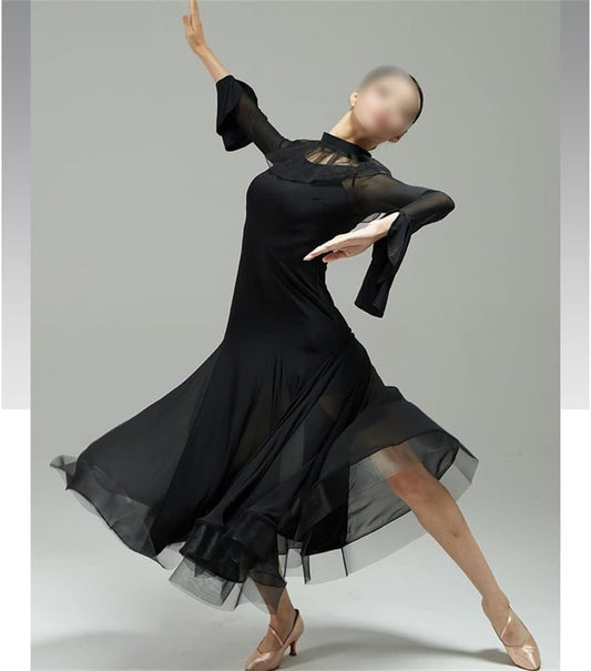 Long Sleeve Ballroom Dance Dress Stage Performance Standard Costumes Elegant Expansion Skirt (Color : D, Size : M Code)