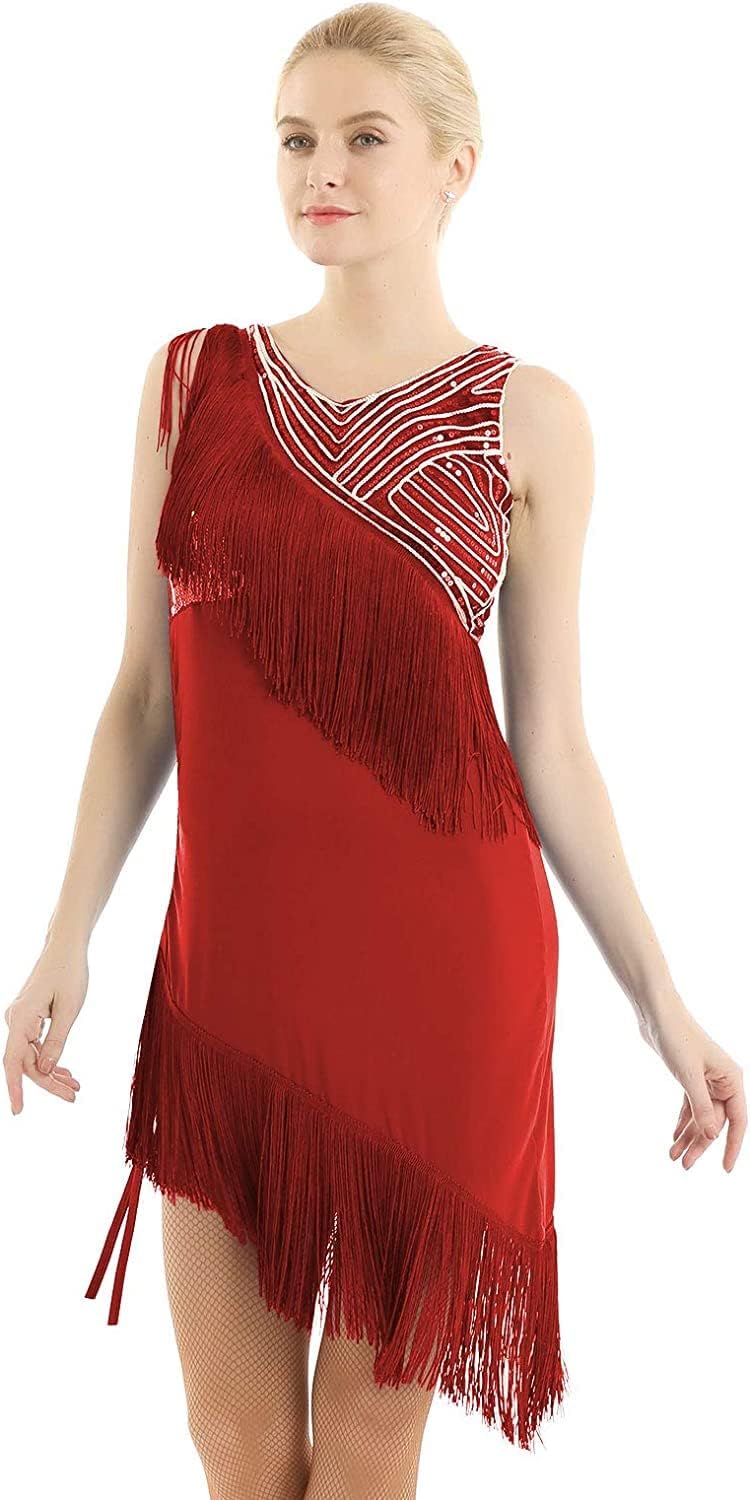 Women Latin Dance Dress Sleeveless Sequins Fringe Tassel Asymmetric Dancewear with Shorts Red X-Large