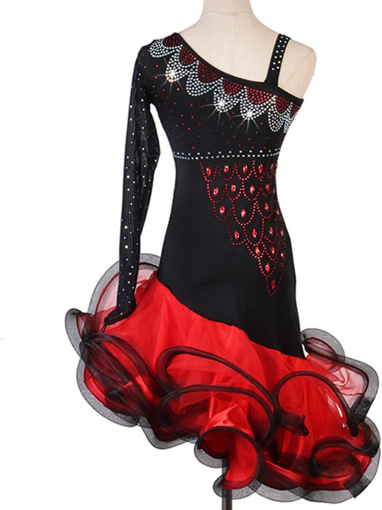 Women's Latin Dance Dress Irregular Neckline Salsa Dance Outfit Cha Cha Performance Dresses Shiny Salsa Dance Wear