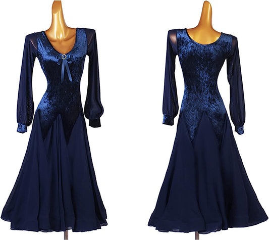 Velvet Ballroom Dancing Dresses for Mesh Long Sleeve Waltz Salsa Dance Costume Tango Performance Dress