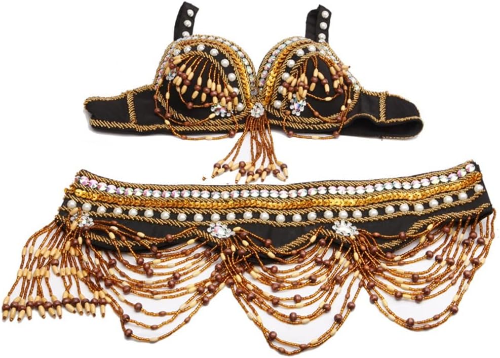 Women Tribal Belly Dance Wear Dance Beaded Bra and Belt Bellydance Suit 2pcs Costume (Color : Gold, Size : S Code)