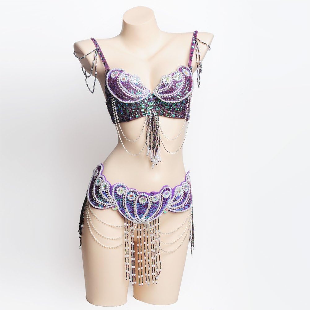 Belly Dance Costume for Women Tribal Belly Dance Bra and Belt Sexy Professional Dancing Suit Carnival Bra Belt