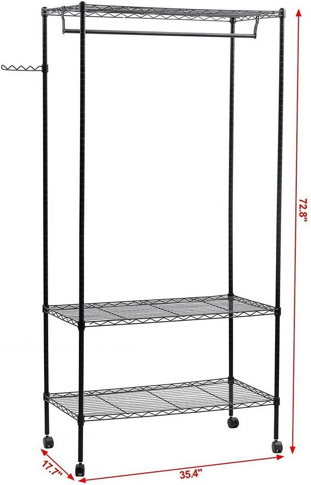 3-Tier Closets Rolling Garment Rack,Max Load 66 Lbs,Adjustable Wire Shelving Clothes Rack with Wheels Freestanding Wardrobe Storage Rack Metal Clothing Rack for Hanging Clothes Black