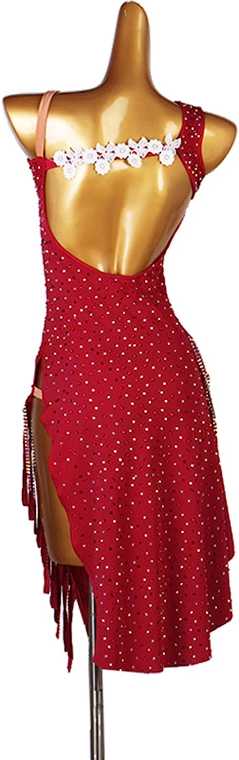 Women's Latin Dance Dress, Sexy Backless Sloping Shoulders Sleeveless Shiny Rhinestones Tassel Dress Professional Competition Dance Skirt,M,Red