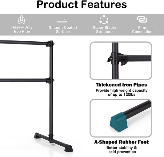 Double Ballet Barre Bar, Portable 4 FT Freestanding Dancing Bar w/ 7” - 46” Adjustable Height, Barre Exercise Equipment Bar for Home School Gym, Ballet Bar for Kids & Adults
