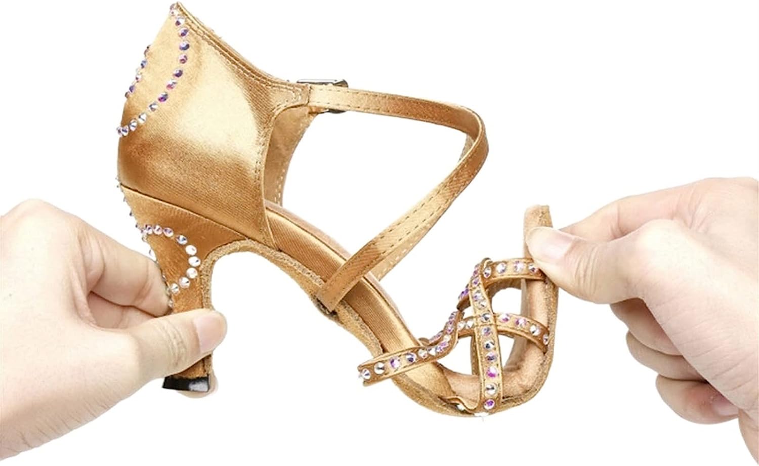 Pointy Heels Women's Party Dance Shoes Satin Shiny Rhinestones Soft Suede Sole Lace Up Salsa Pumps (Color : Gold, Size : 43.5)