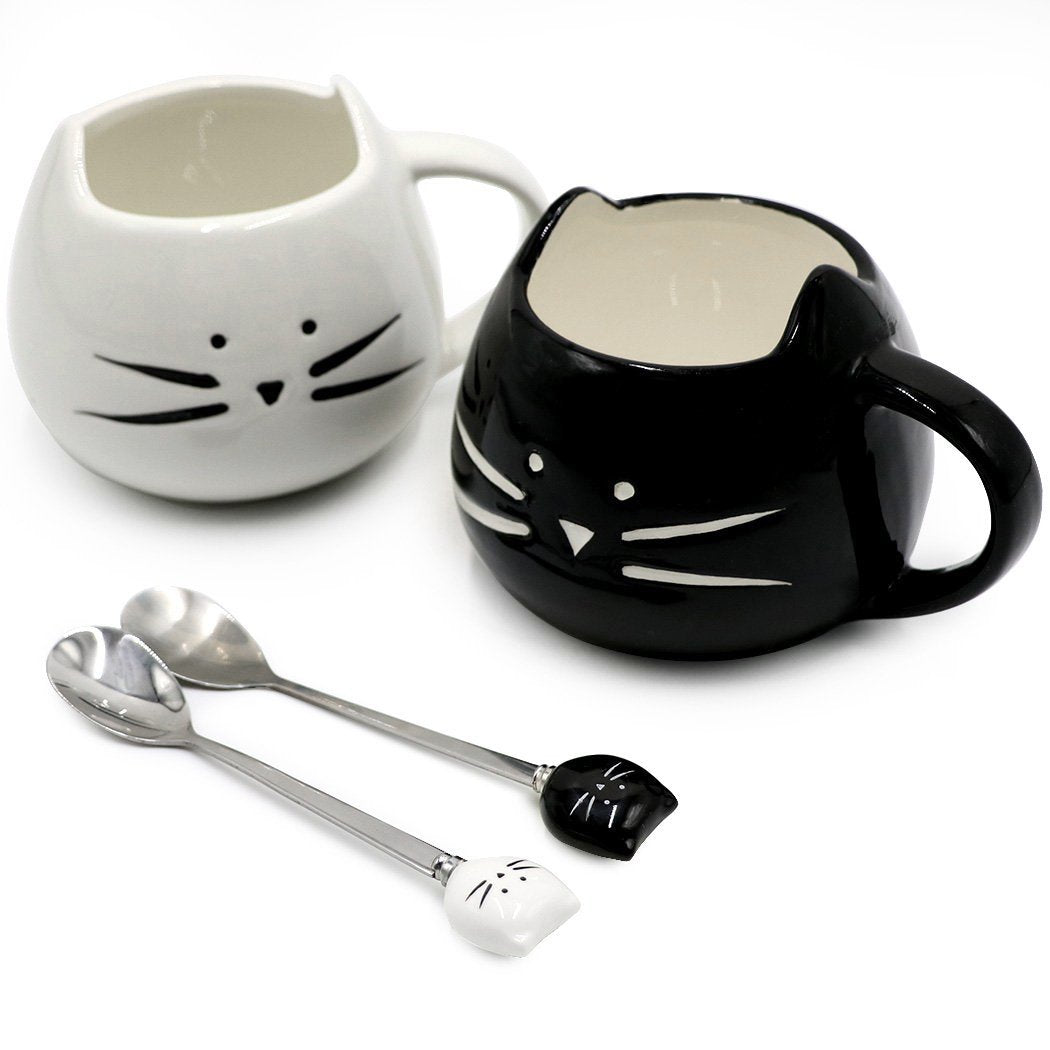 Cute Cat Mug Ceramic Coffee Mugs Set Gifts for Women Girls Cat Lovers Funny Small Cup with Spoon 12 oz Black and White …