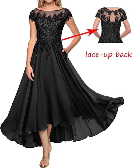 High Low Mother of The Bride Dresses for Wedding Tea Length Lace Chiffon Short Sleeve Evening Party Gown with Pockets