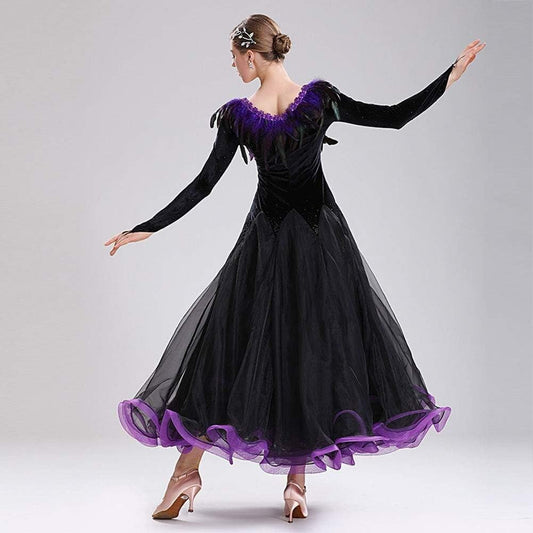 Black Feather Performance Costume,Modern Dance Costumes with Long Sleeves and Big Collars