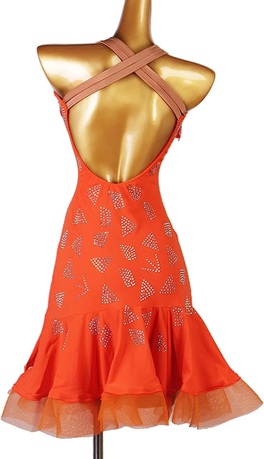 Halter Latin Dance Dress Ballroom Competition Dance Dress Rhinestones Tango Performance Costume Dance Outfit for Samba