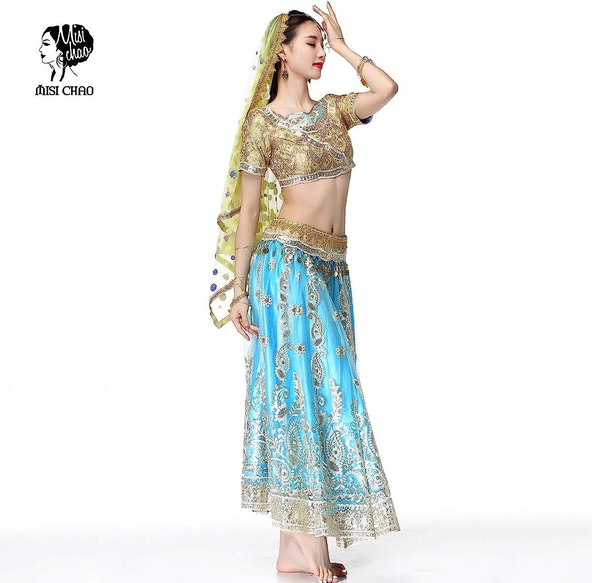 Belly Dance Bollywood Costume - Sari Noble Indian Dance Outfit Halloween Costumes with Head Veil for Women