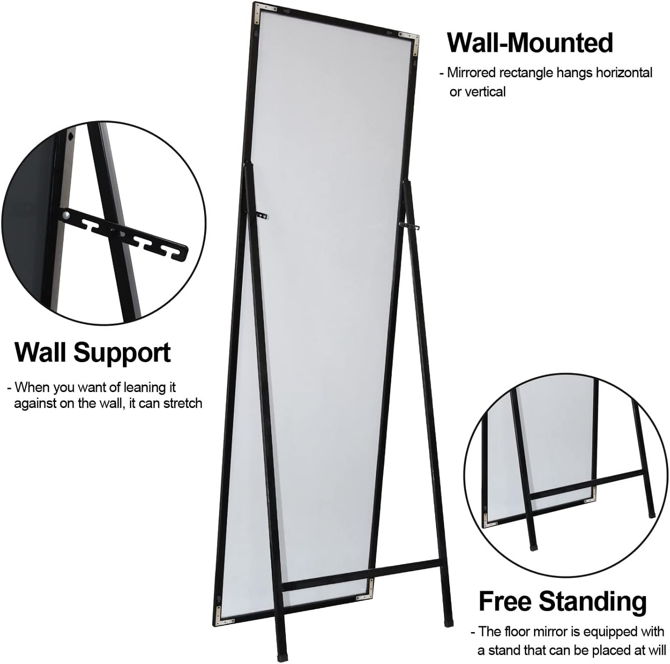 Full Length Mirror 65"x23.6" Floor Mirror, Large Rectangle Full Body Mirror Standing Hanging or Leaning Against Wall, Bathroom Mirror Dressing Mirror Wall-Mount Mirror, Black