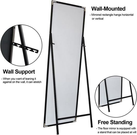 Full Length Mirror 65"x23.6" Floor Mirror, Large Rectangle Full Body Mirror Standing Hanging or Leaning Against Wall, Bathroom Mirror Dressing Mirror Wall-Mount Mirror, Black