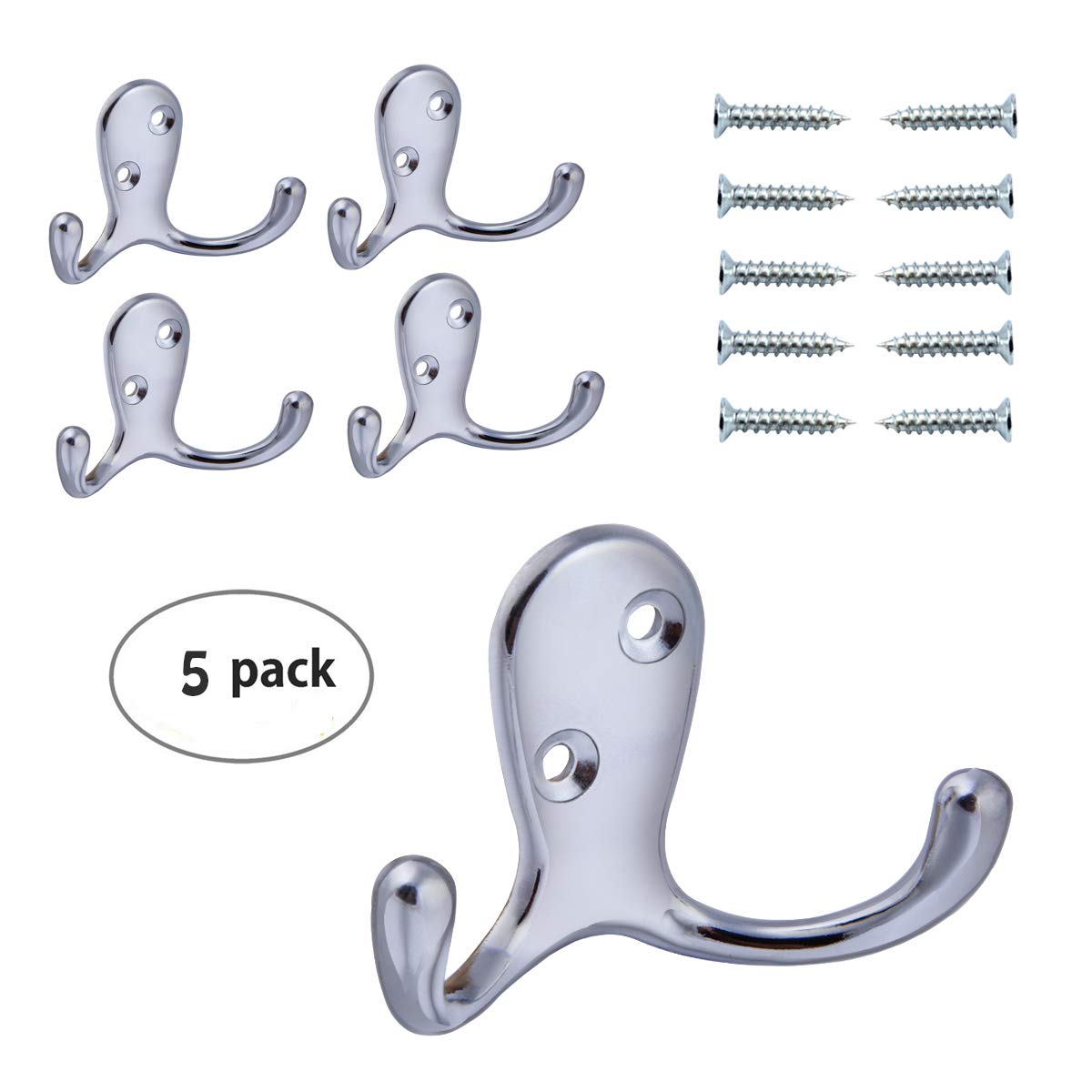 Wall Hooks Double Prong Robe Hook Rustic Hooks Retro Clothes Hanger Coat Hanger Wall Mounted Hook with Screws 5 Pack (Silver)