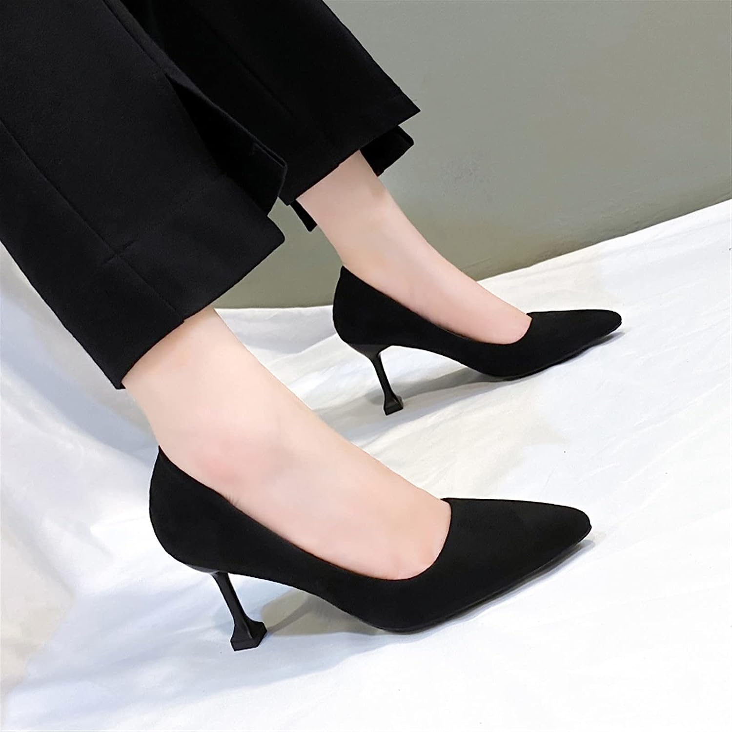 High Heels for Women, Color Sole Square Heel Black Suede Women's Wedding Dress Shoes Thin Heel Pointed Shallow Mouth Women's Heel Shoes (Color : Black, Size : 2.5 UK)