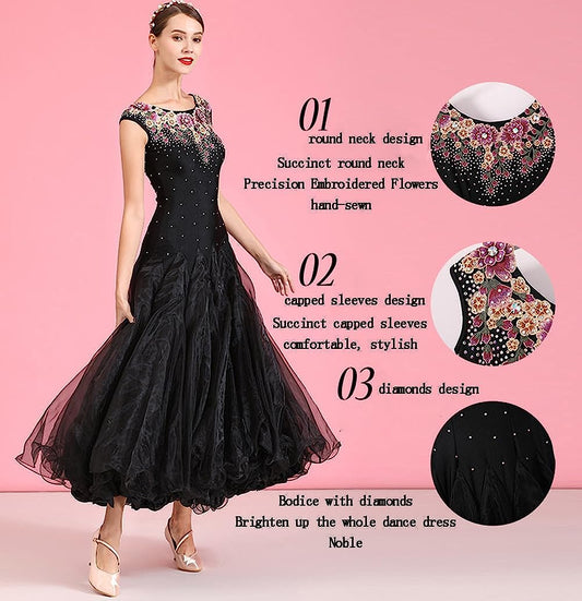 Women Ballroom Performance Dancing Outfit,Classic Embroidery Rhinestone Prom Dancewear,