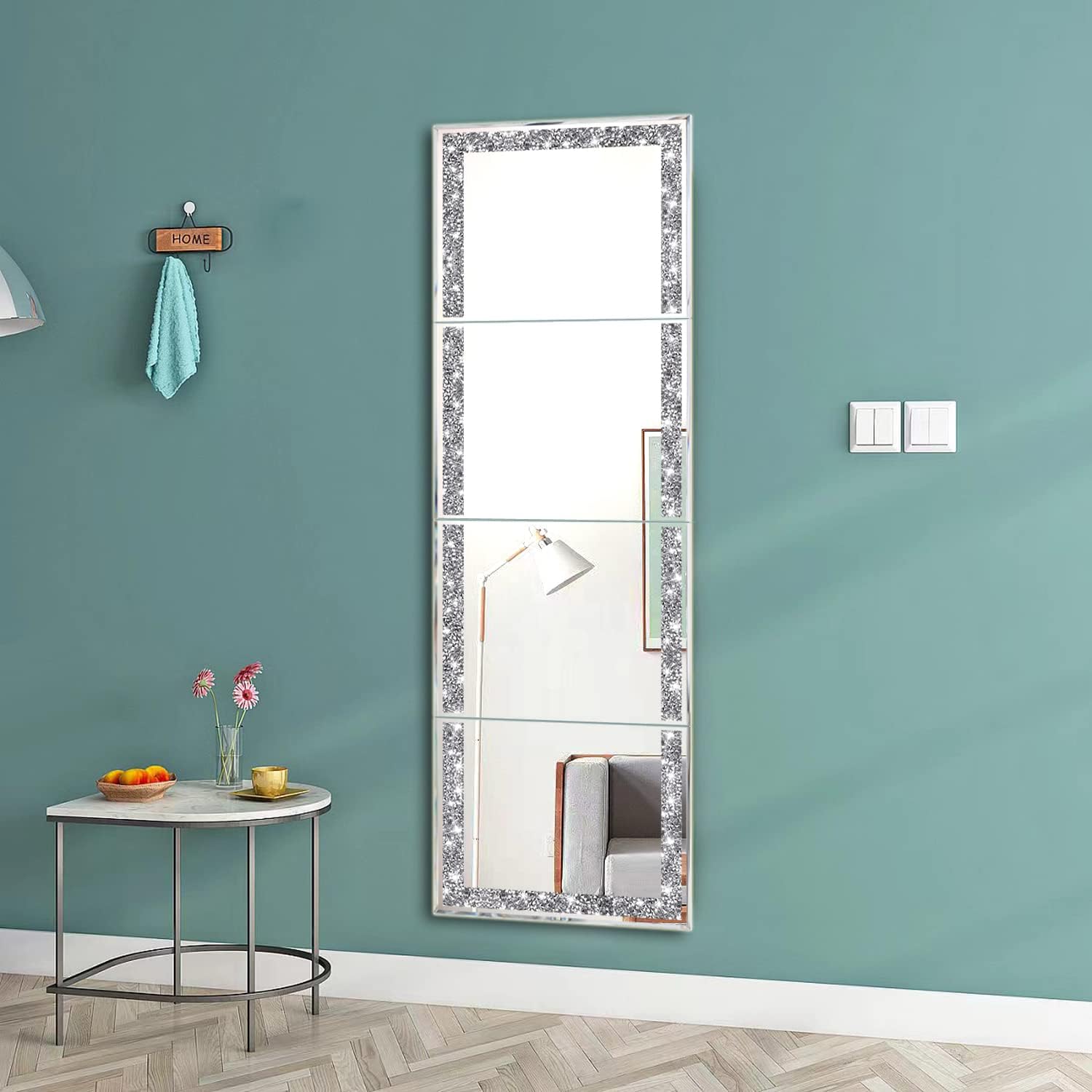 Full Length Mirror Tiles,Crystal Crush Diamond Full Body Wall Mirror,14''x11'' 4PCS Glass Frameless Make Up Mirror for Home Decor,Room Decor,Wall Decor.