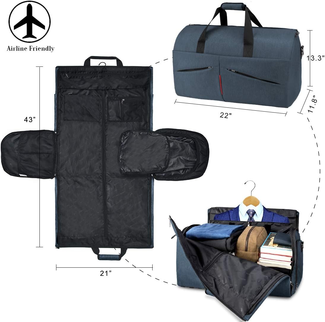Carry on Garment Bag Convertible Suit Travel Bag with Shoes Compartment Waterproof Large Hanging Garment Duffel Bag Weekender Duffle Bag for Men Women Grey Blue