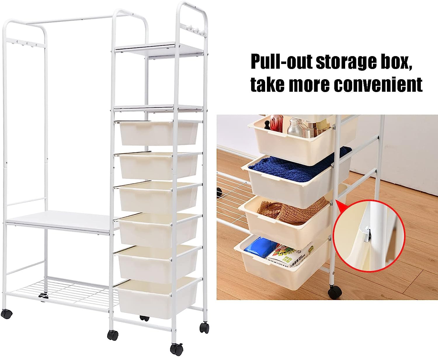 Heavy Duty Wardrobe Rack Rolling Garment Rack for Coats Hats Scarves Bag, Metal White Closet System Cloth Shelf Organizer