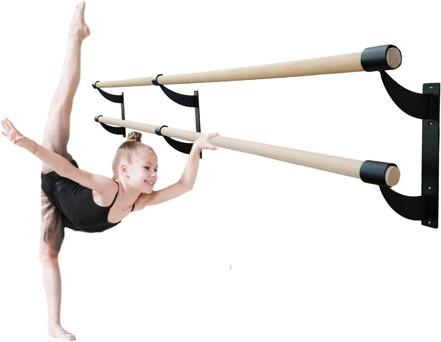 Ballet Barre Double Bar 8 FT Long Black 1.5” Diameter Wall Mounted | Fixed Height Ballet Barre System Traditional Wood | Home Studio Ballet Bar, Dance Bar, Stretch Bar, Dancing Stretching