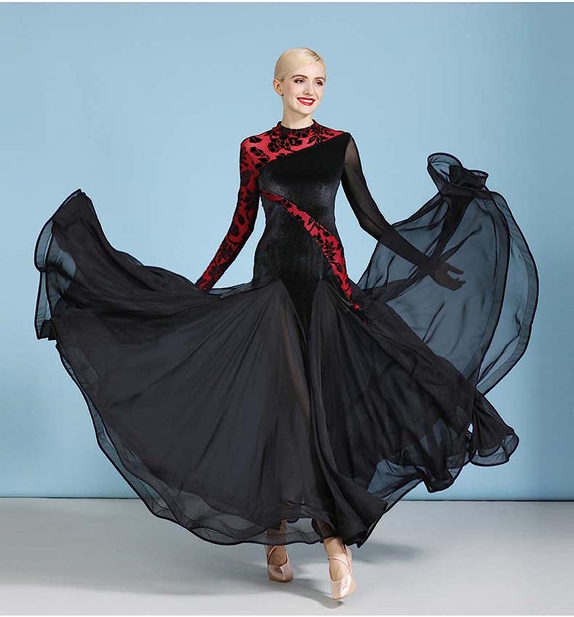 Velvet Ballroom Dance Dresses Feature Paneled Long Sleeves Modern Latin Swing Dancing Costume for Women