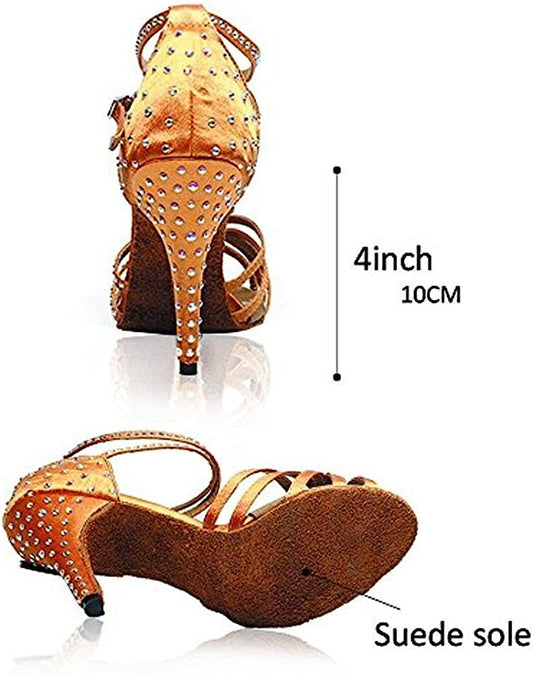 Women Latin Shoes Rhinestone Ballroom 4" High Heel Sandals Dance Shoes