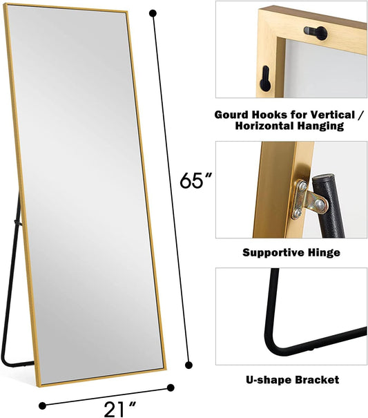 Full Body Mirror Gold Full Length Mirror 64"x21" Large Floor Mirror with Stand Wall/Standing Mirror Vintage Gym Mirrors for Home Gym Portable Dance Workout Mirror Wall-Mounted Mirrors