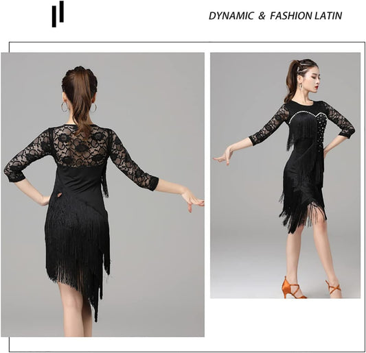 Women Sexy Fringed Latin Dance Dresses Crew Neck 3/4 Sleeve Latin Competition Dress Ballroom Salsa Samba Skirt Latin Training Dress Waltz Foxtrot Dancing Dress (L,Black)