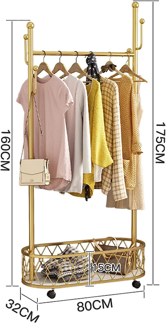 4 in 1 Rolling Coat Rack Heavy Duty Garment Rack with 4 Hooks and Large Capacity Storage Basket, Home Multifunction Clothes Rail on Wheels(Size:80x32x175 cm,Color:Gold)