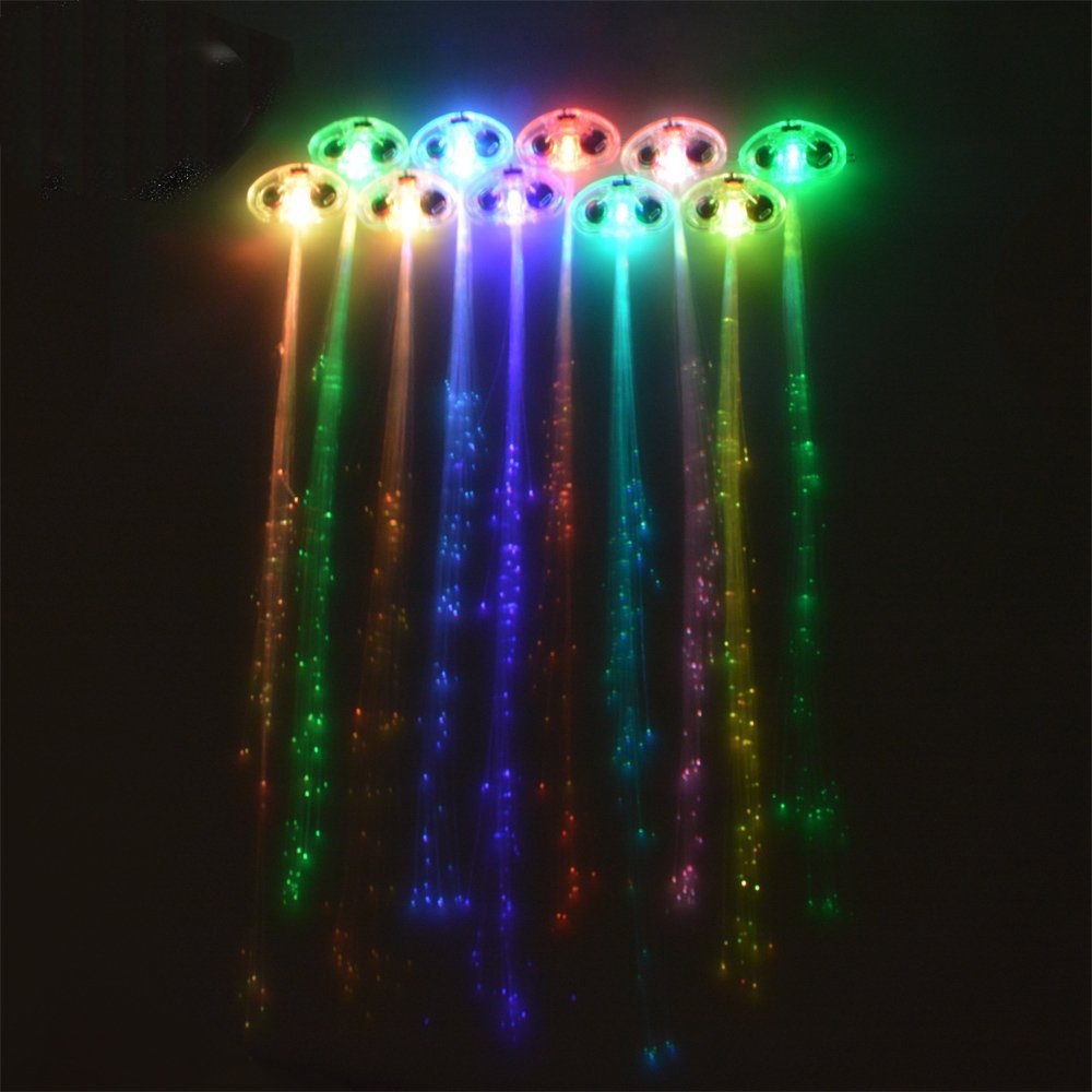 10 Pack Lights-up Fiber Optic Led Hair Lights (14" Strands)Flashing Alternating Multicolor Hair Barrette Clip Braid for Christmas New Years Eve Party