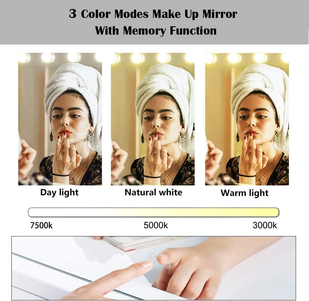22.8"x 18.1" Vanity Mirror Makeup Mirror with Lights,10X Large Hollywood Lighted Vanity Mirror with 15 Dimmable LED Bulbs,3 Color Modes,Touch Control for Bedroom,Tabletop or Wall-Mounted