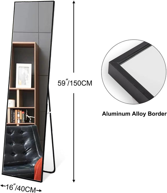 Wall Mirror Full Length Full Body Mirror Floor Mirror Standing Mirror with Aluminum Alloy Thin Frame for Bedroom Living Room, 59” X16” Black