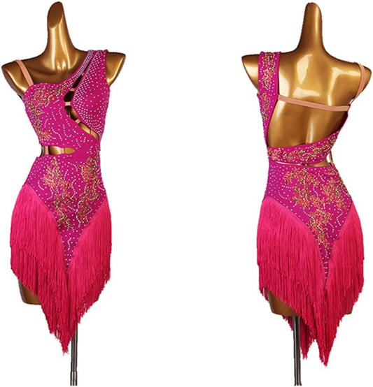 Figure Skating Dress Women's Fringe Latin Dress, Latin American Dance Costume,Fringed Performance Dress (Color : Deep Pink, Size : X-Large)