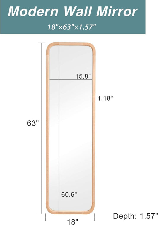 63"×18" Wooden Full Length Mirror, Floor Mirror with Stand, Beech, Rounded Corner, Rustic Mirror, Free Standing or Wall Mounted, for Bedroom, Living Room, Dressing Room - Natural