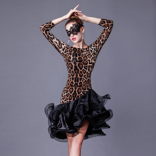 Latin Dance Dress Leopard Women Salsa Rumba Cha Cha Samba Tango Clothes