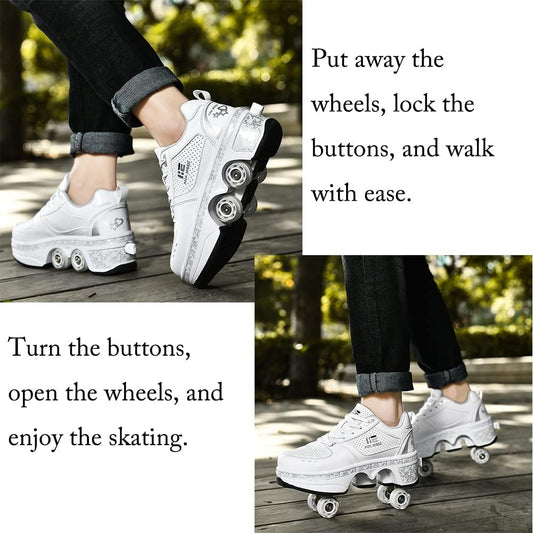 Unisex Adult Kids Deformation Roller Skate Shoes Double-Row Walking Shoes with Invisible Wheels 2 in 1 Removable Pulley Parkour Skating