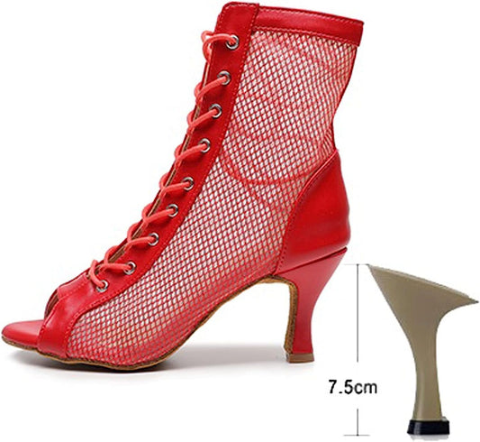 Botas de invierno para Mujer Ladies Red Mesh Latin Ballroom Shoes Ladies High Heels Jazz Booties Girls Lace Up Stiletto Booties Slim Heel