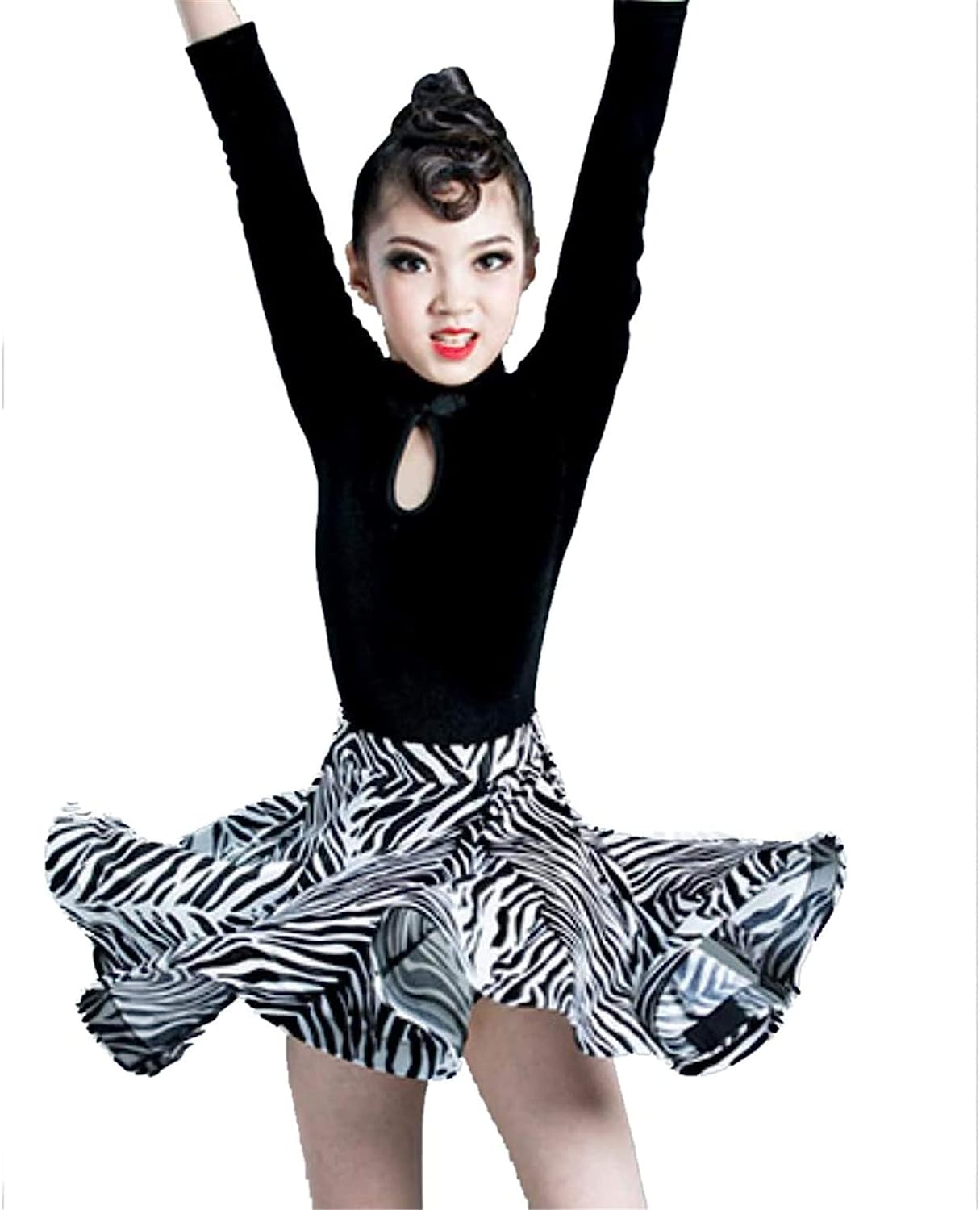 Kids Girl Latin Dance Dresses Leopard Print Long Sleeves Top+Skirt Set Tango Salsa Gymnastics Dance Costume Ballroom Competition Leotard,A,130cm