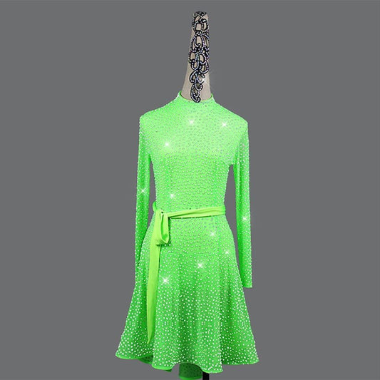 Figure Skating Dress Latin Stage Competition Costumes,Fringe Latin Dress, Latin American Dance Costume (Color : Light Green, Size : X-Large)