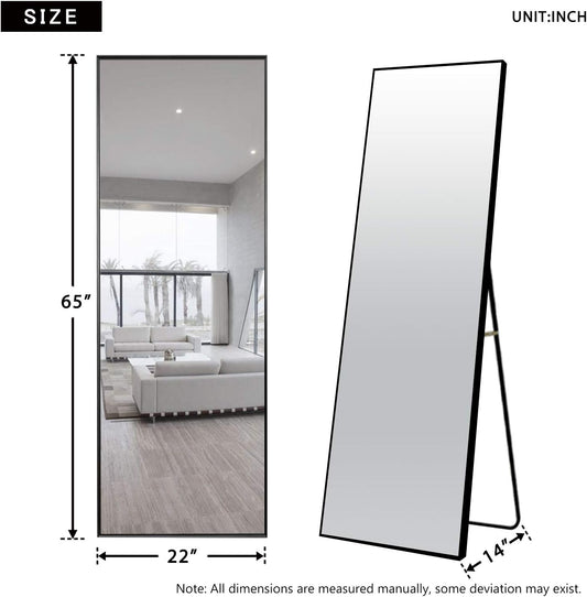 Full Length Mirror 65"x 22" Floor Mirror Large Wall Mounted Mirror Bedroom Dressing Mirror Standing Hanging or Leaning Against Wall Aluminum Alloy Thin Frame (Black)