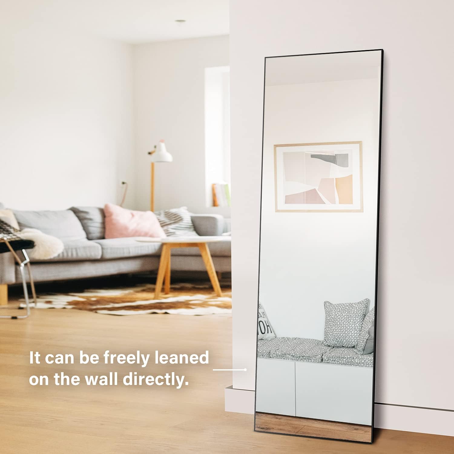 Full Length Mirror, Floor Mirror, Standing Mirror, Leaning Mirror, Full Body Mirror, Large Mirror, Bedroom Mirror with Black Aluminium Frame, Black, 65"x22"