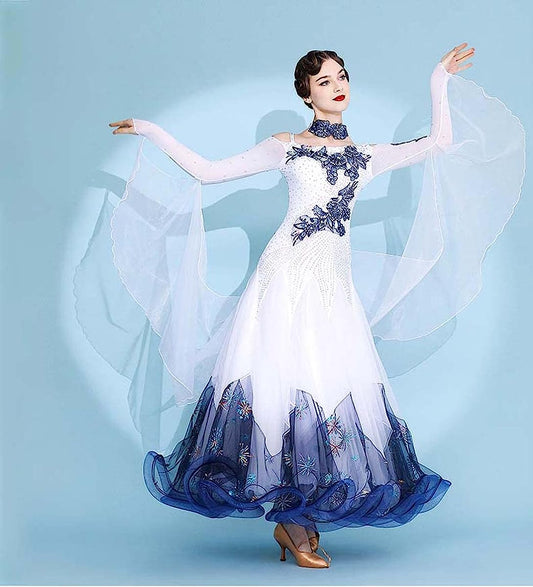 White Ballroom Dance Dresses for Women,Slim Fit Long Sleeves Dancing Outfit Flowy Skirt Modern Competition Costume