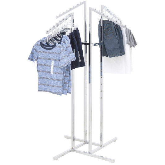 Clothing Rack – Heavy Duty Chrome 4 Way Rack, Adjustable Arms, Square Tubing, Perfect for Clothing Store Display With 4 Slanted Arms