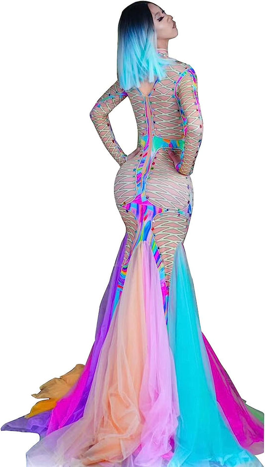 Colorful Print Mesh Mermaid Dress Sequin Women Sexy Stretch Party Birthday Dresses Performance Stage Dance Costume