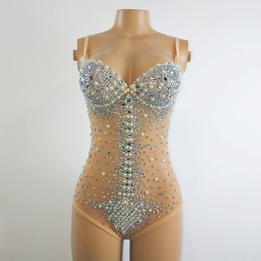 Sexy See Through Rhinestones Mesh Sleeveless Leotard Women Night Bar Dance Bodysuit Transparent Sling Clubwear Stage Wear