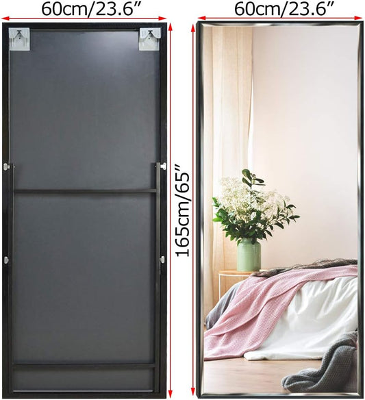 Full Length Mirror 65"x23.6" Standing or Wall Hanging, Vertical Black Frame HD Rectangle Full Body Tall Big Floor Stand up or Wall Mounted Mirror