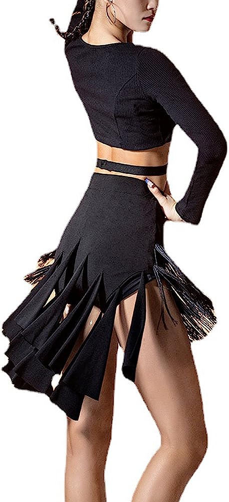 Women Long Sleeves Hollow Waist Scalloped Fringed Latin Dance Skirts with Tops