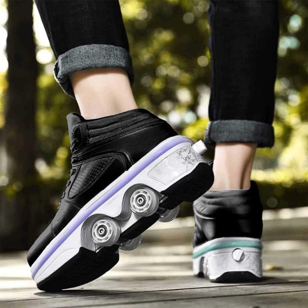 LED Women Deformation Roller Skate Shoes - Shoes That Turn Into Rollerskates - Retractable Roller Shoes for Men - Kick Rollers - Skating Shoes - Double-Row Walking Shoes with Invisible Wheels